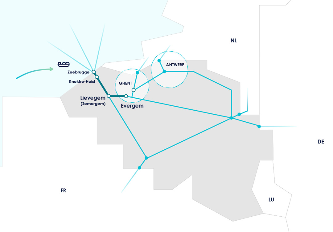 Map of pipeline route Zeebrugge-Evergem.