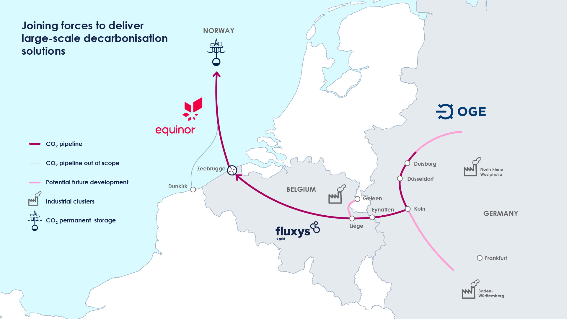 Map with proposed CO2 pipeline route from Germany to Norway via Belgium.