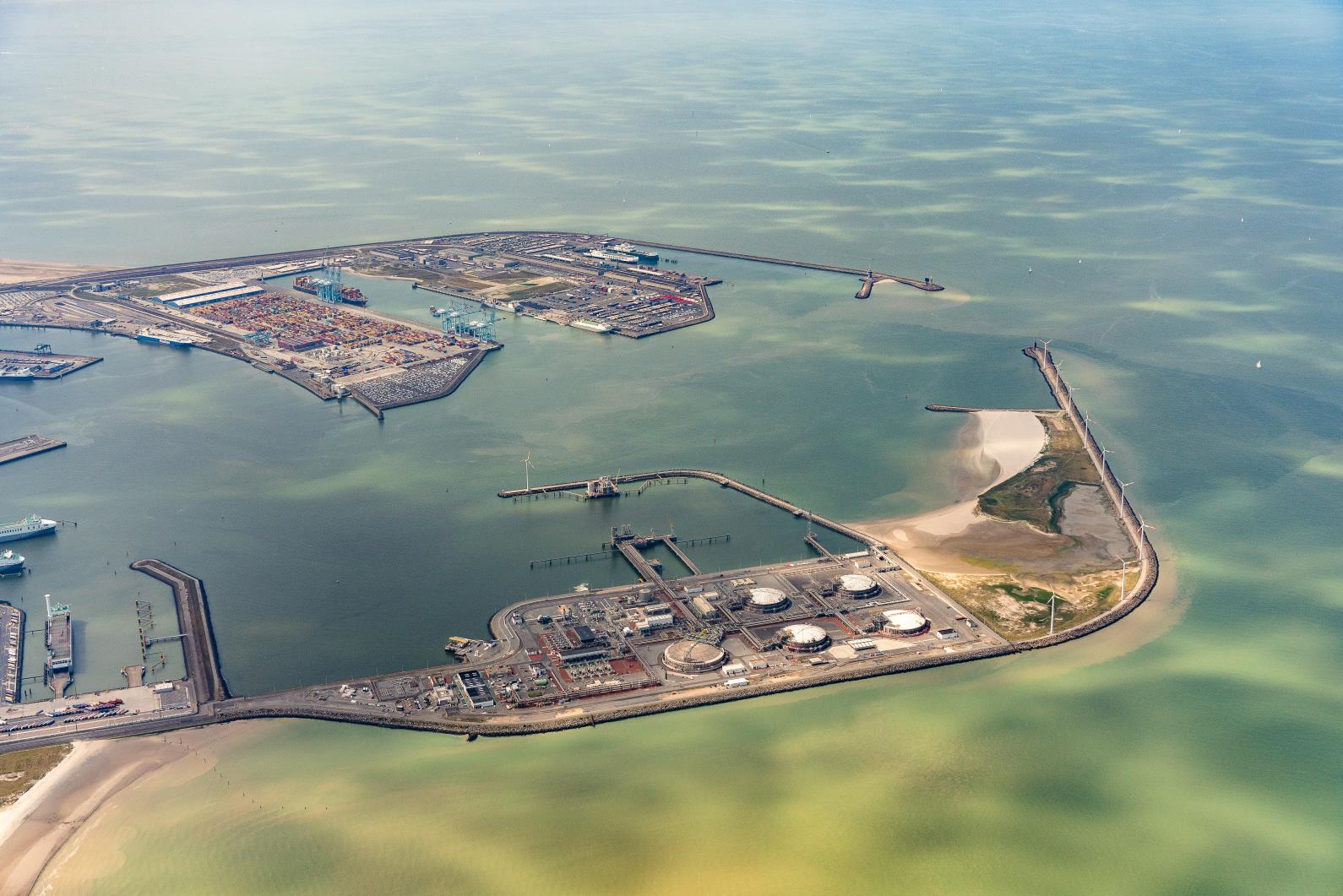 Aerial view of the Zeebrugge LNG terminal.